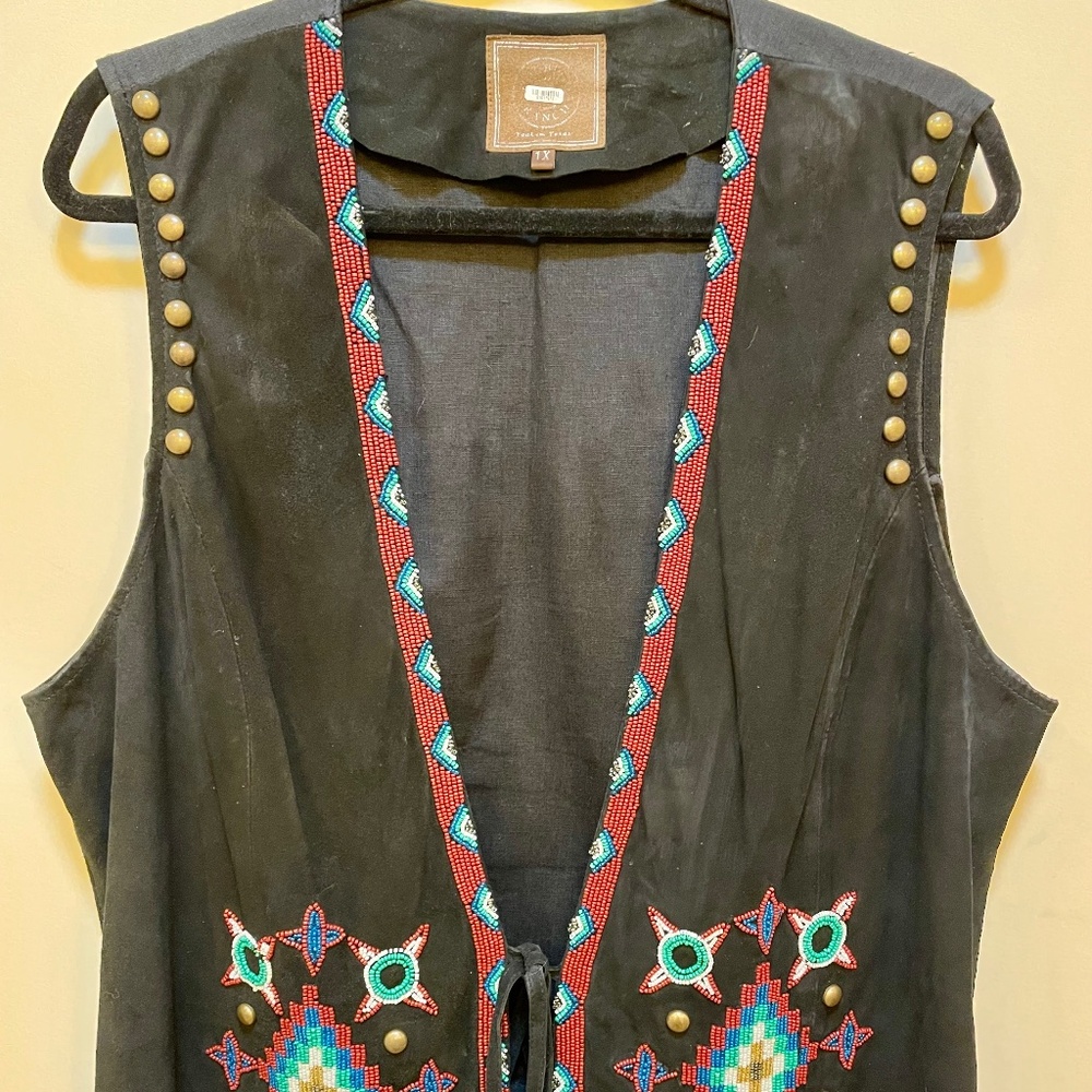 Beaded Suede Black Vest, Size 1X - Picture 4 of 7